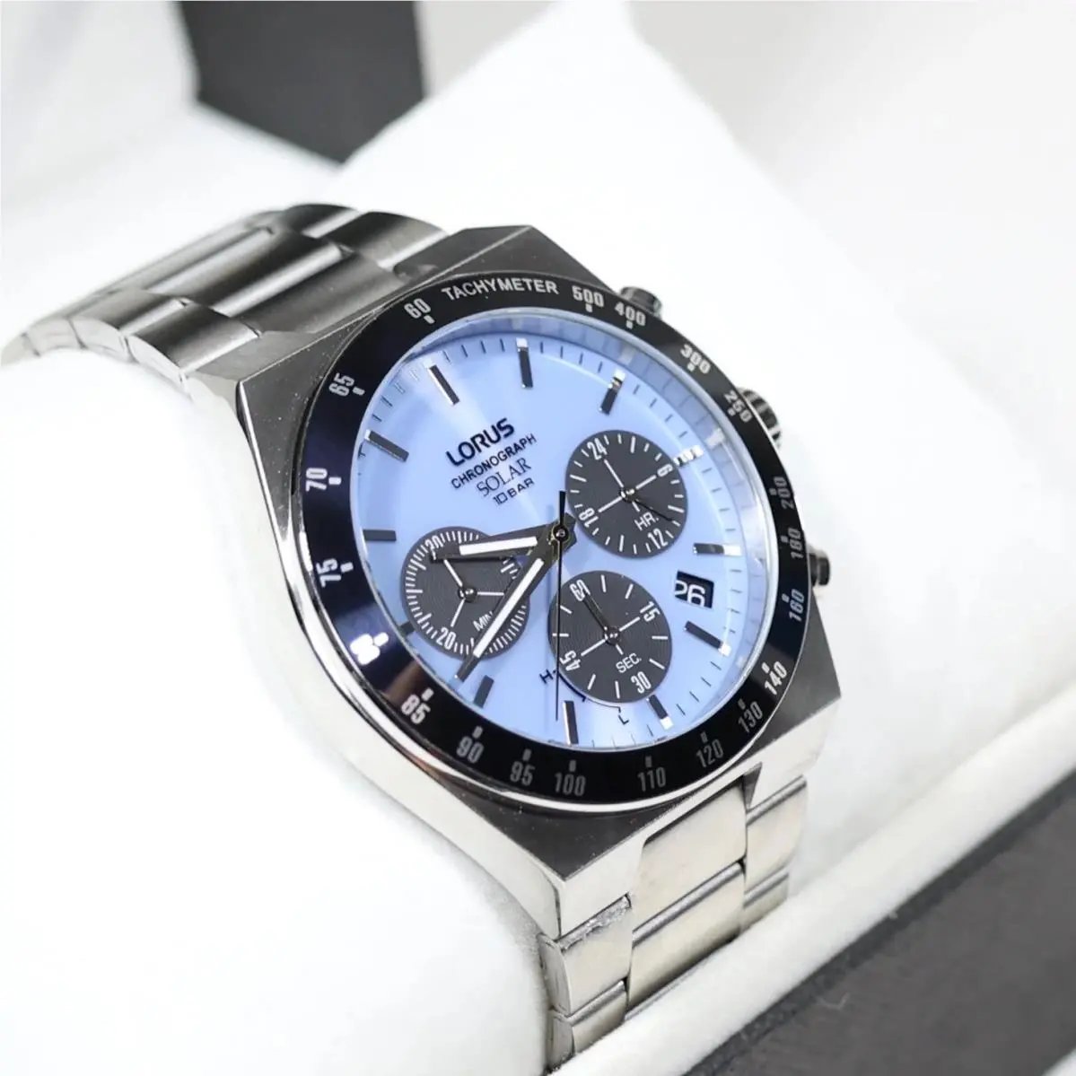 Lorus Stainless Steel Solar Blue Dial Chronograph Men`s Watch RZ525AX9