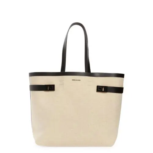 W Tags Salvatore Ferragamo Beachwear Canvas Tote Bag W Gancini Buckles Beige