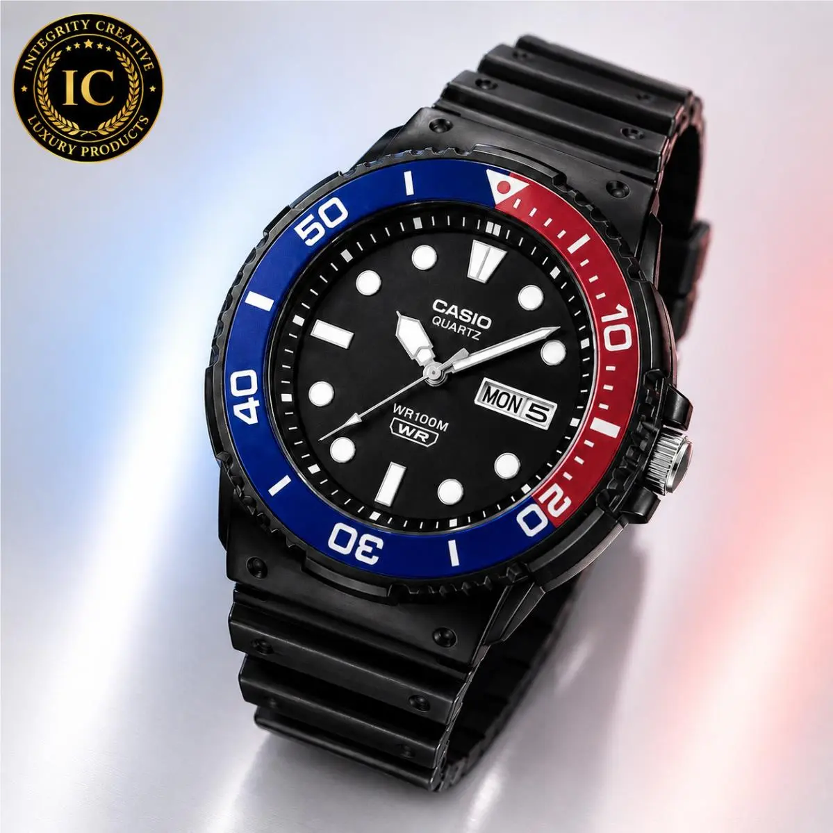 Men`s  Marine-inspired Watch Black Dial Waterproof Red Blue Pepsi Bezel by Casio