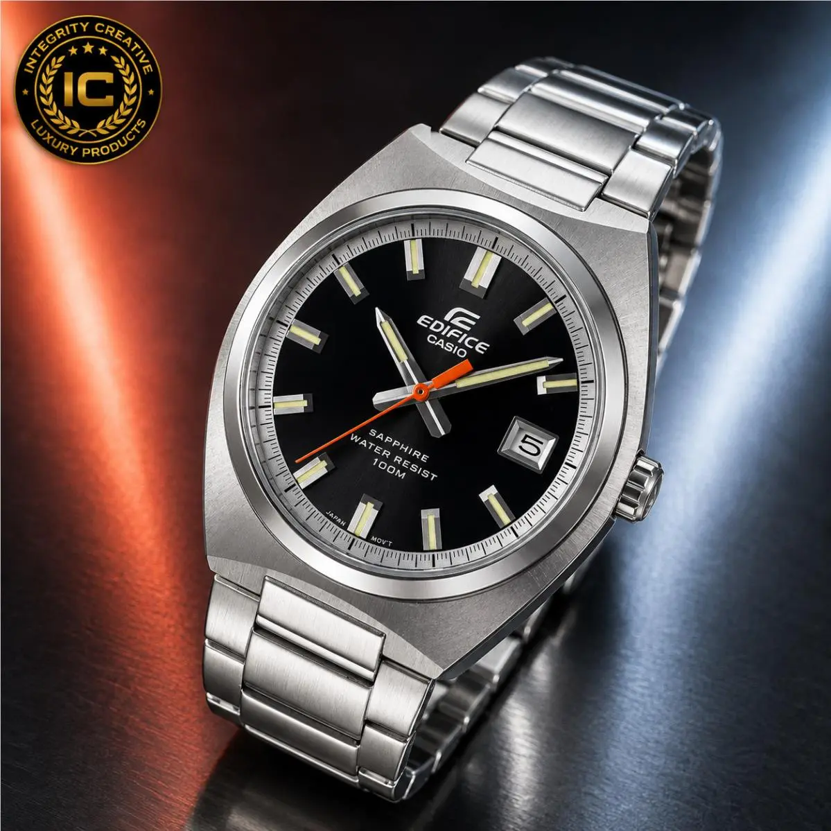 Men`s  Business Luxury 39MM Analog Quartz Watch Black Dial Silver Bracelet by Casio