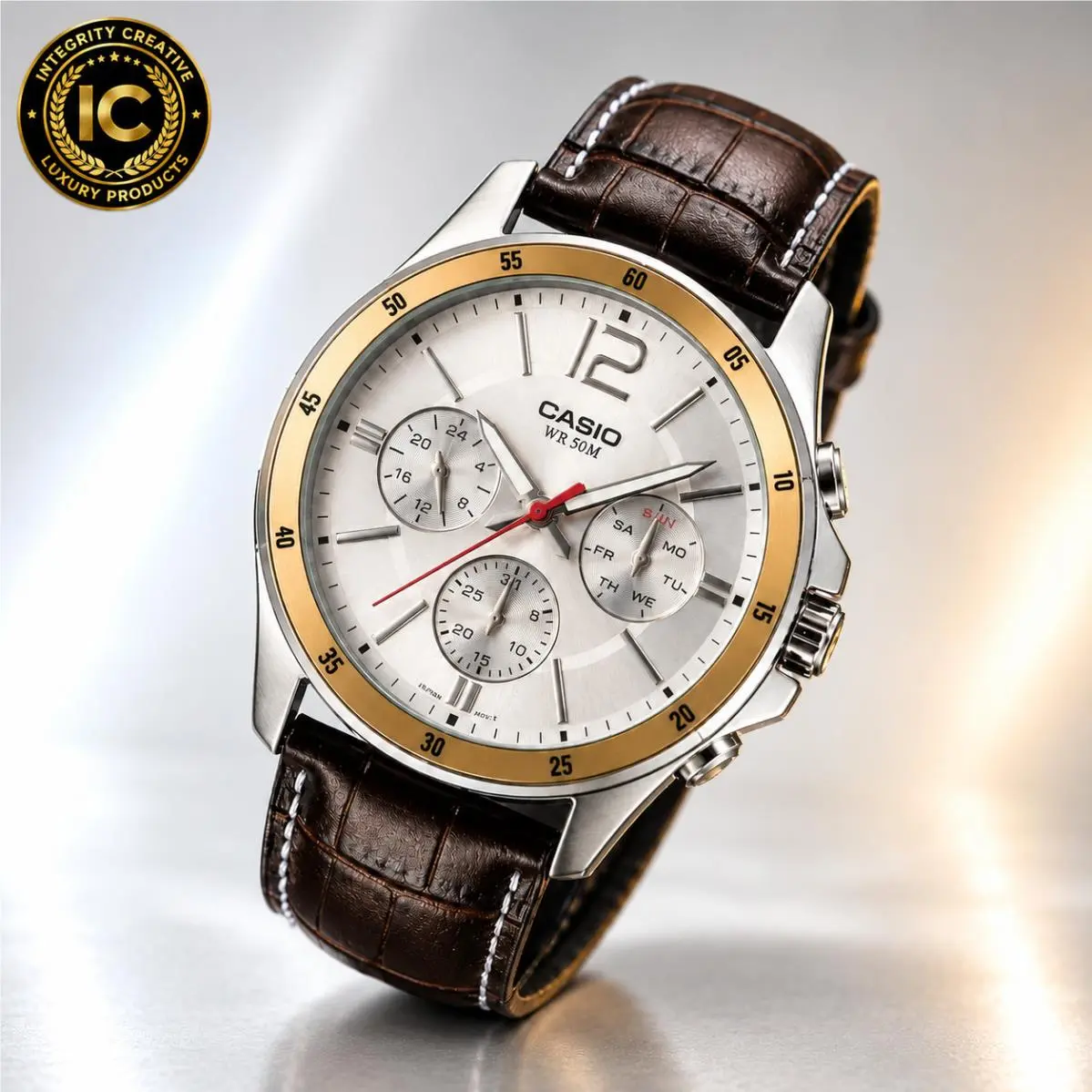 Men`s  45MM Watch Multifunction Silver Dial Brown Leather Band Gold Bezel by Casio