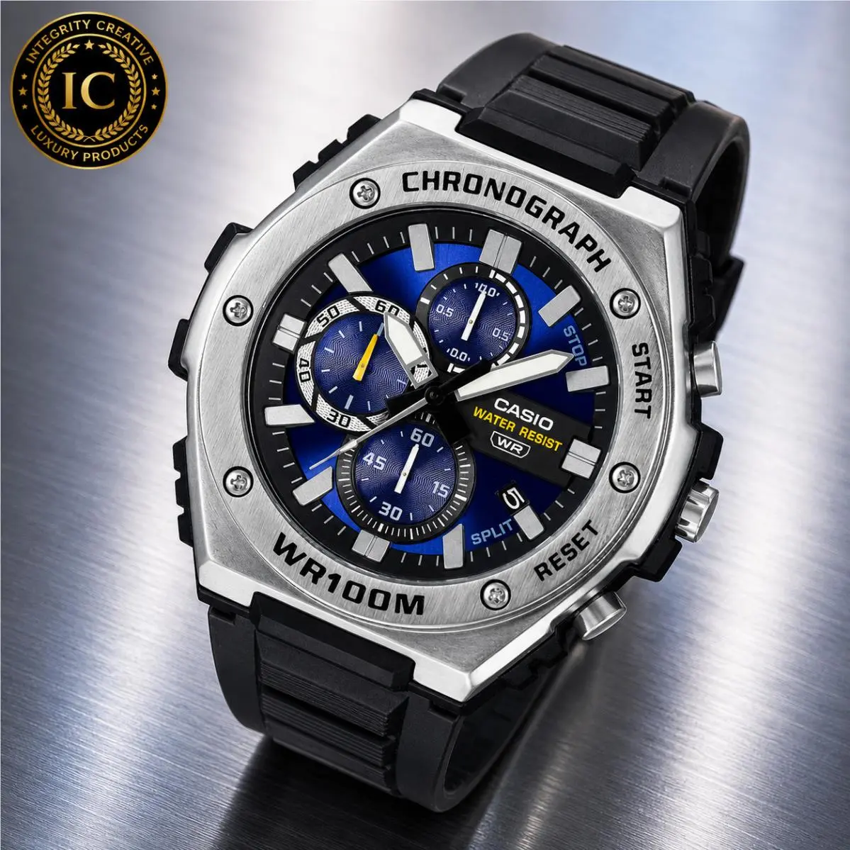 Mens Casio Sporty 51MM Chronograph Quartz Watch Waterproof Blue Dial Black Strap