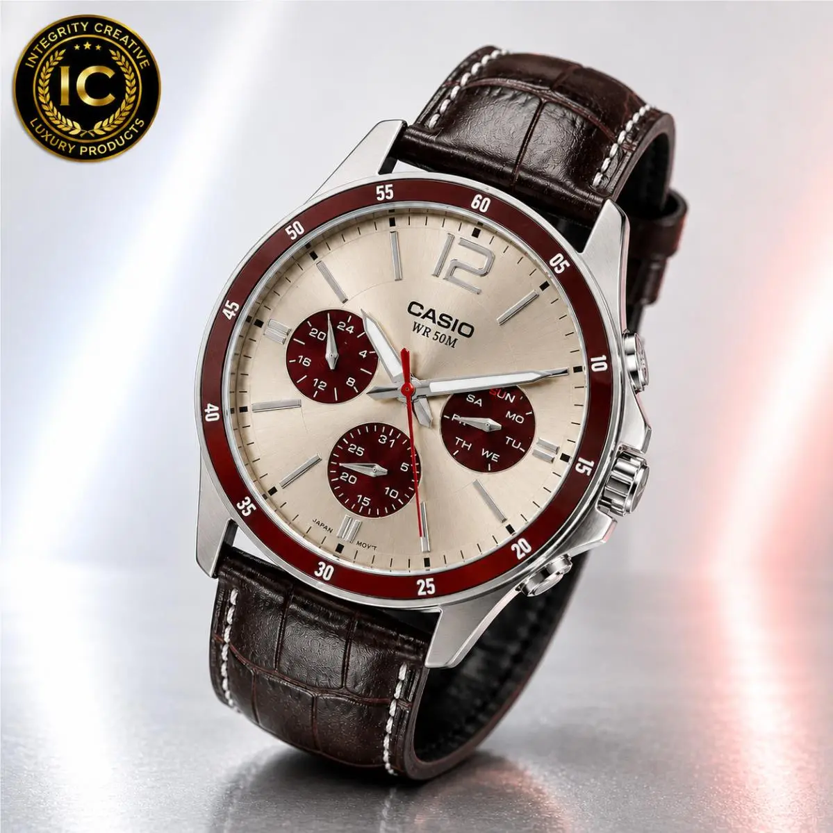 Men  44MM Luxury Watch Multifunction Grey Dial Brown Leather Band Red Bezel by Casio