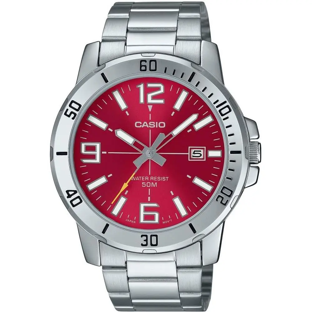 Gents Watch Red Dial Silver Band Red Bracelet by Casio