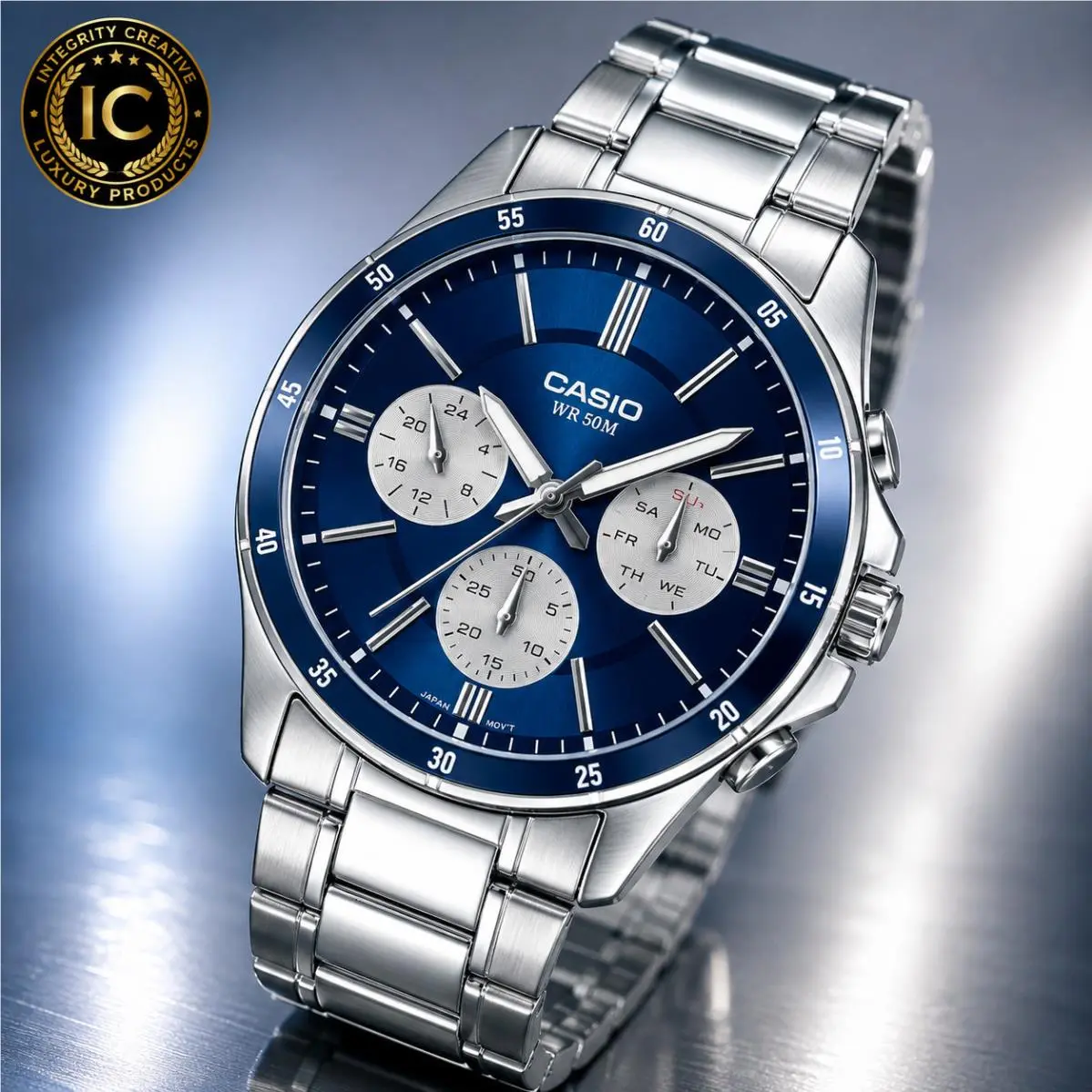 Men`s Classic Business Watch Stainless Steel Bracelet Multi-function Blue Dial by Casio