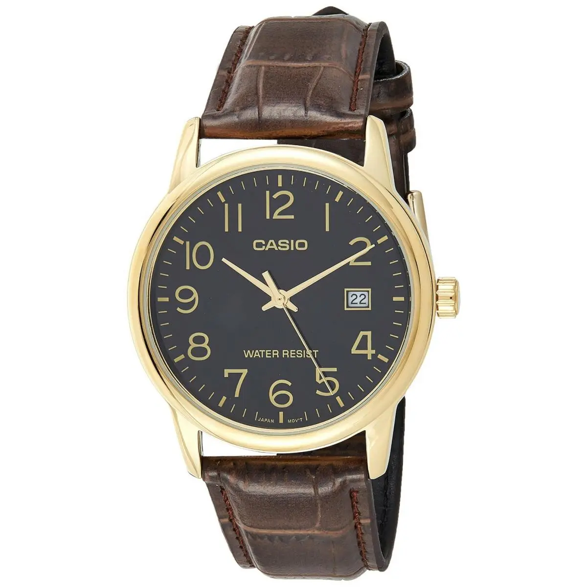 MTP-V002GL-1B Men`s Standard Gold Tone Leather Band Black Dial Date Watch by Casio