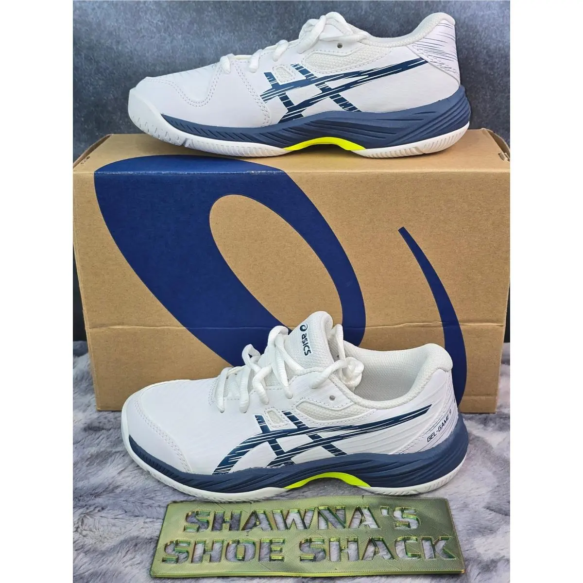 Asics Gel-game 9 Tennis Shoes White Mako Blue Kids Size 2 1044A052