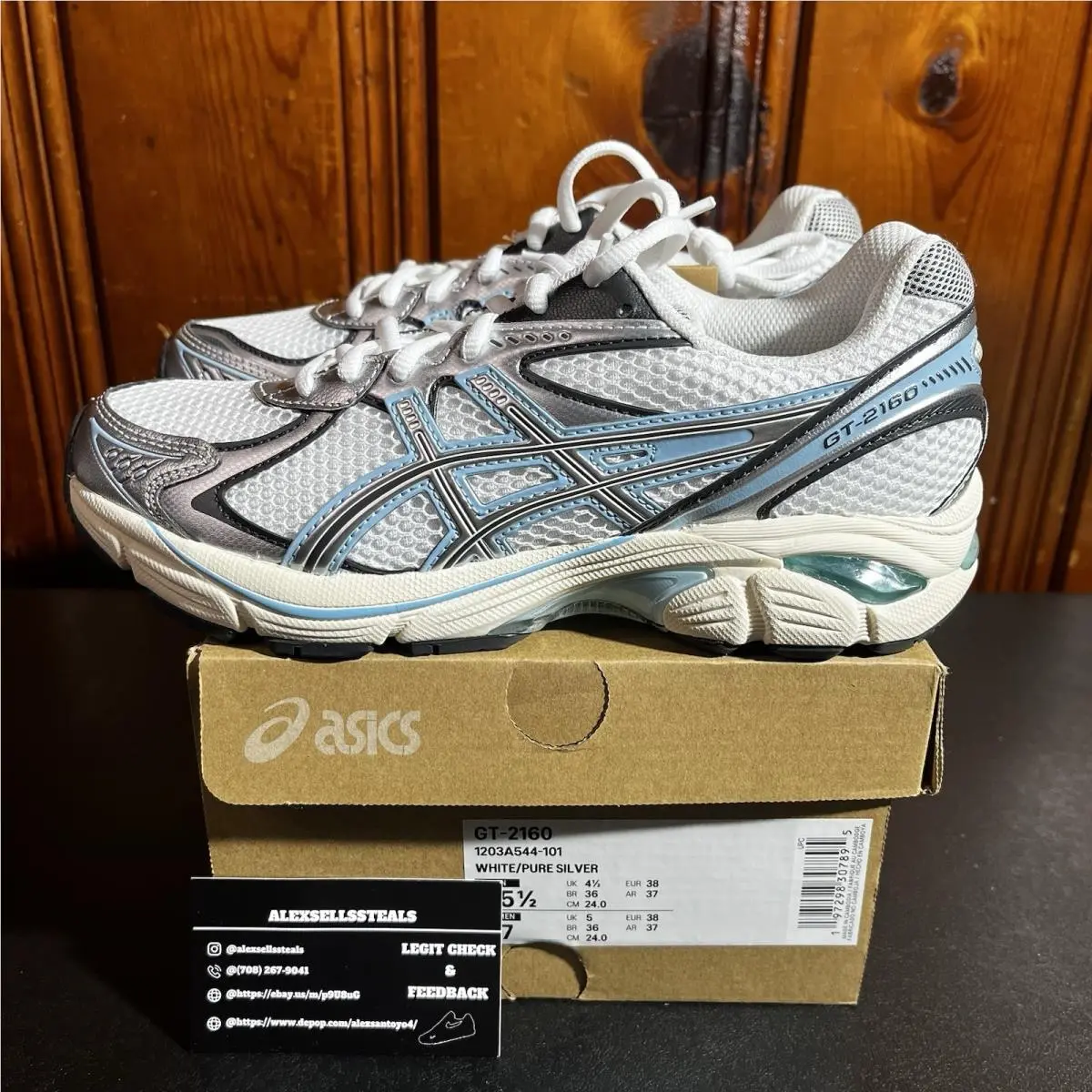 Asics GT-2160 White Pure Silver Light Blue Sz 5.5 Men / 7 Women 1203A544-101