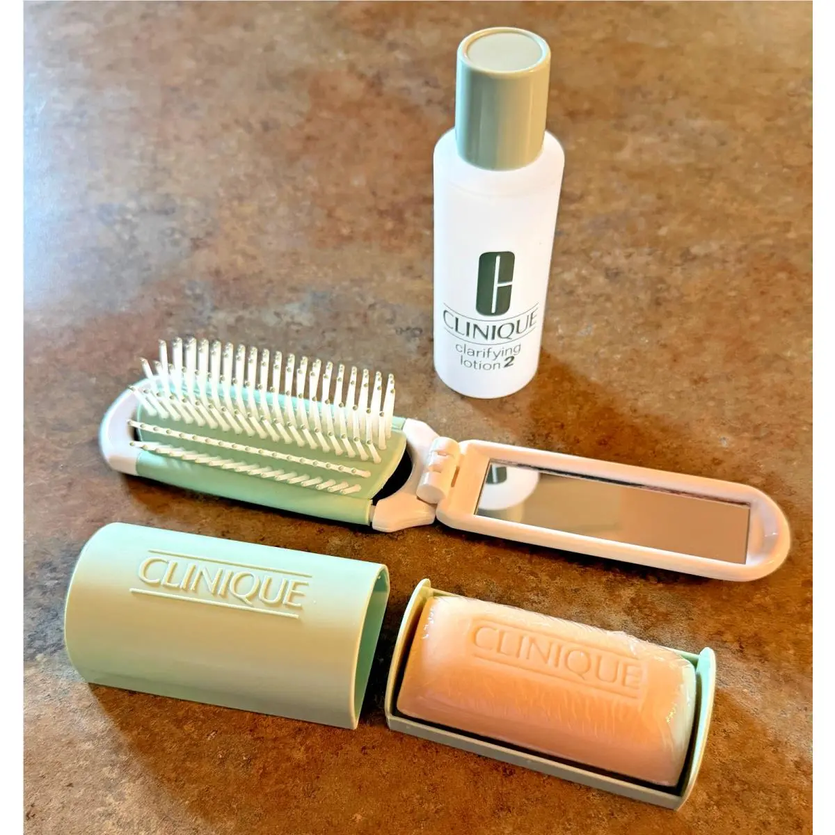 Vintage Clinique Travel Set - Soap in Green Case + Folding Brush + Empty Bottle