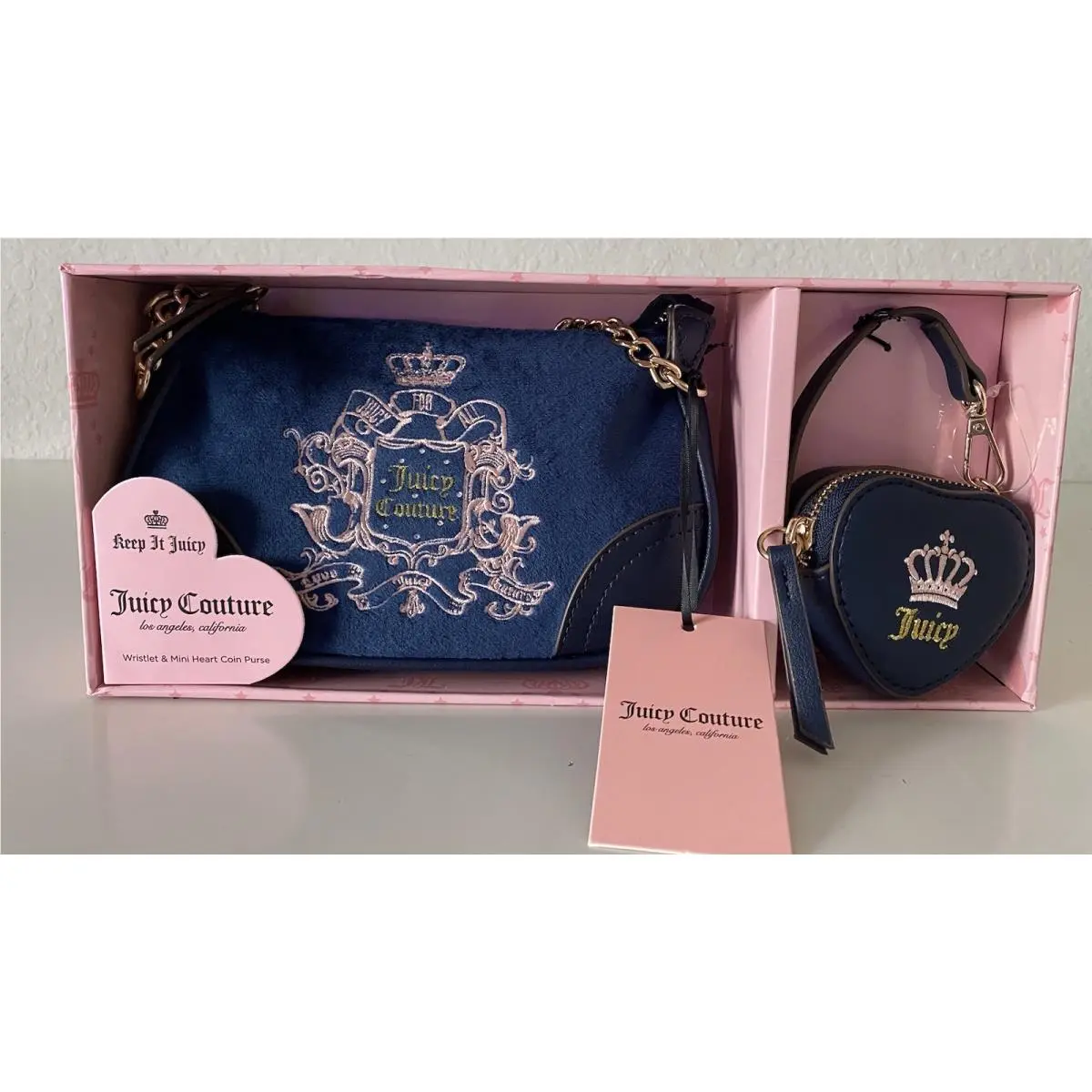 Juicy Couture Velour Mini Wristlet W/heart Coin Regal Blue Gift Set Boxed