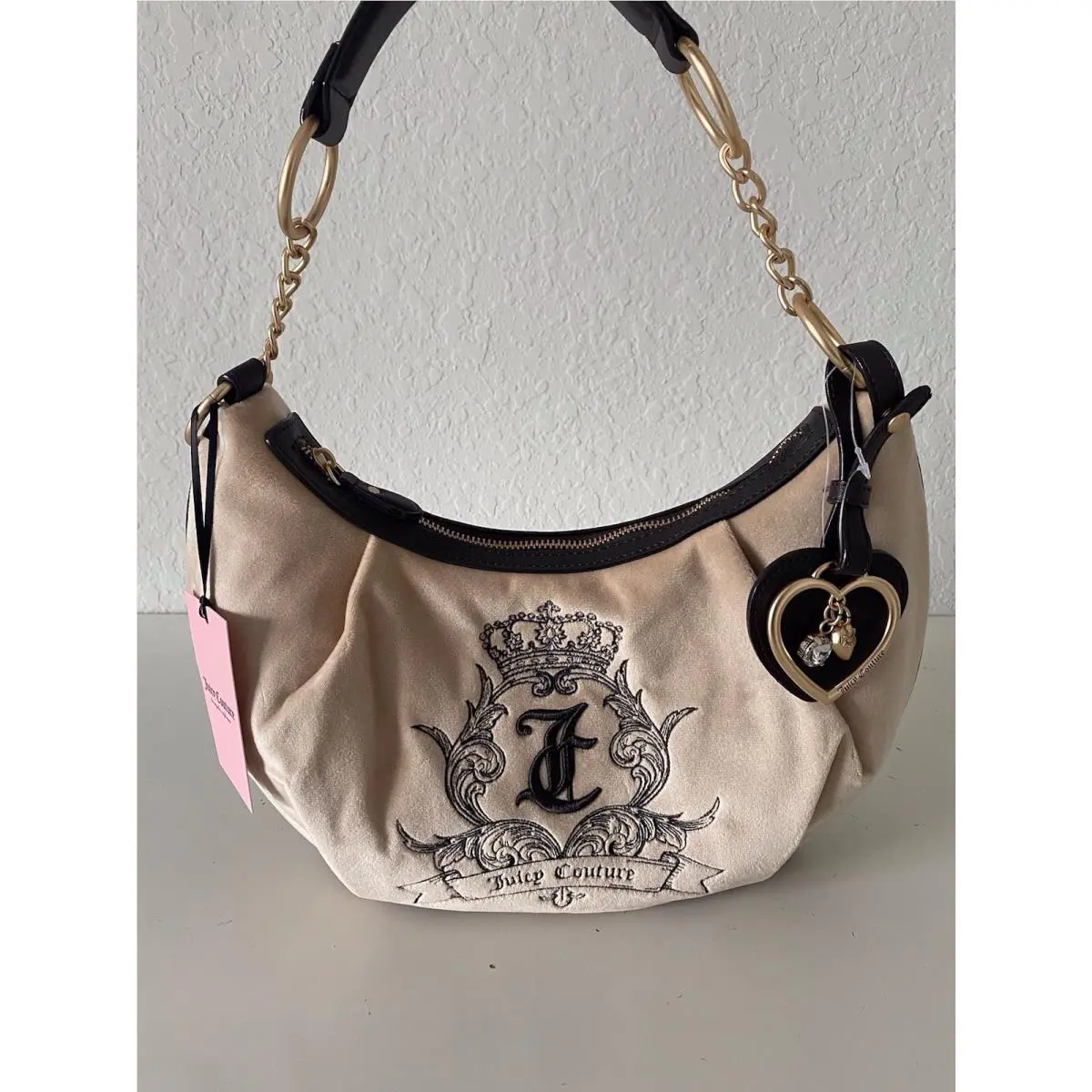 Juicy Couture Need More Juicy Hobo Shoulder Bag Buff Beige W/ Heart Charm