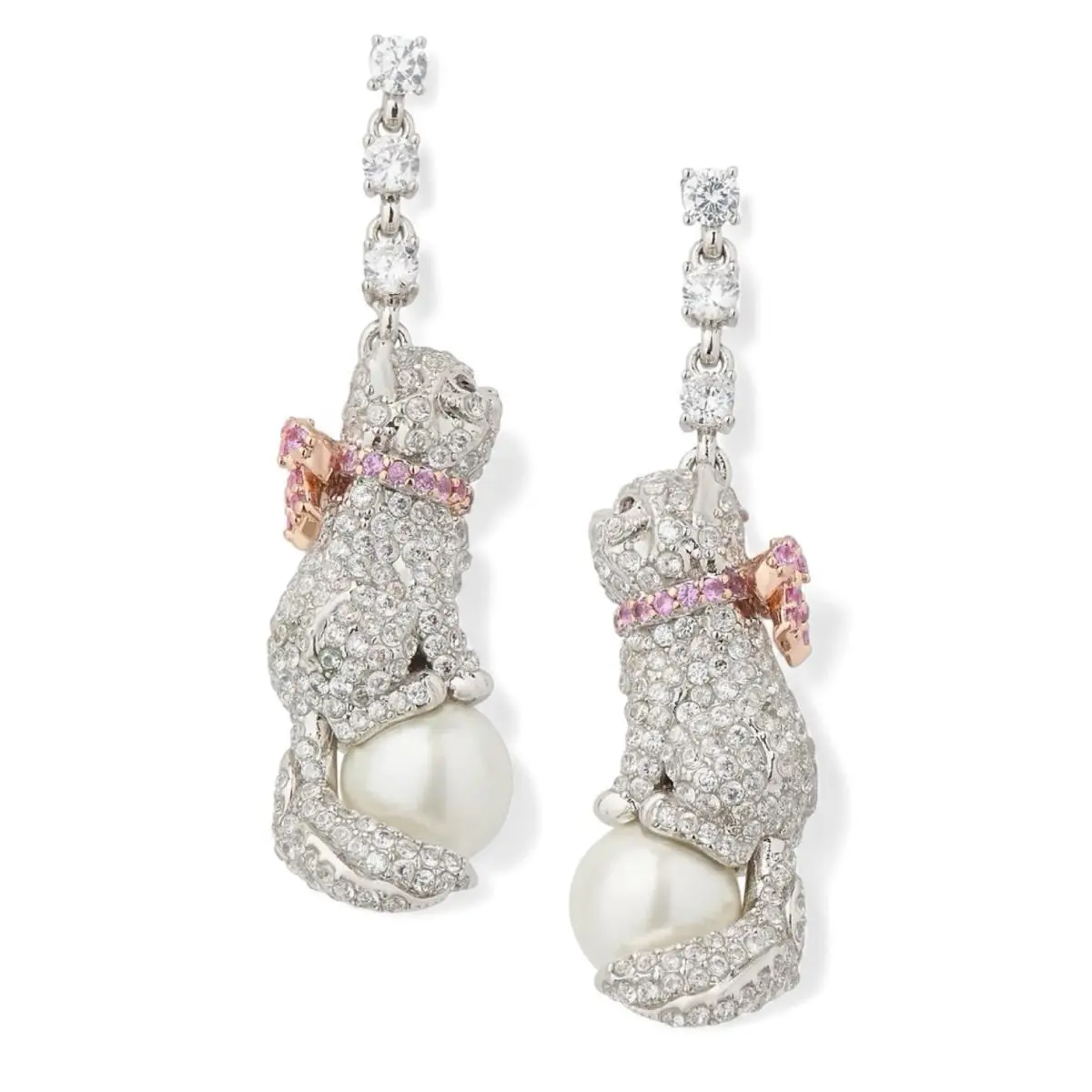 Pawlina Cat Kitten Pink Bow Rhinestone Pearl Linear Earrings New by Kate Spade