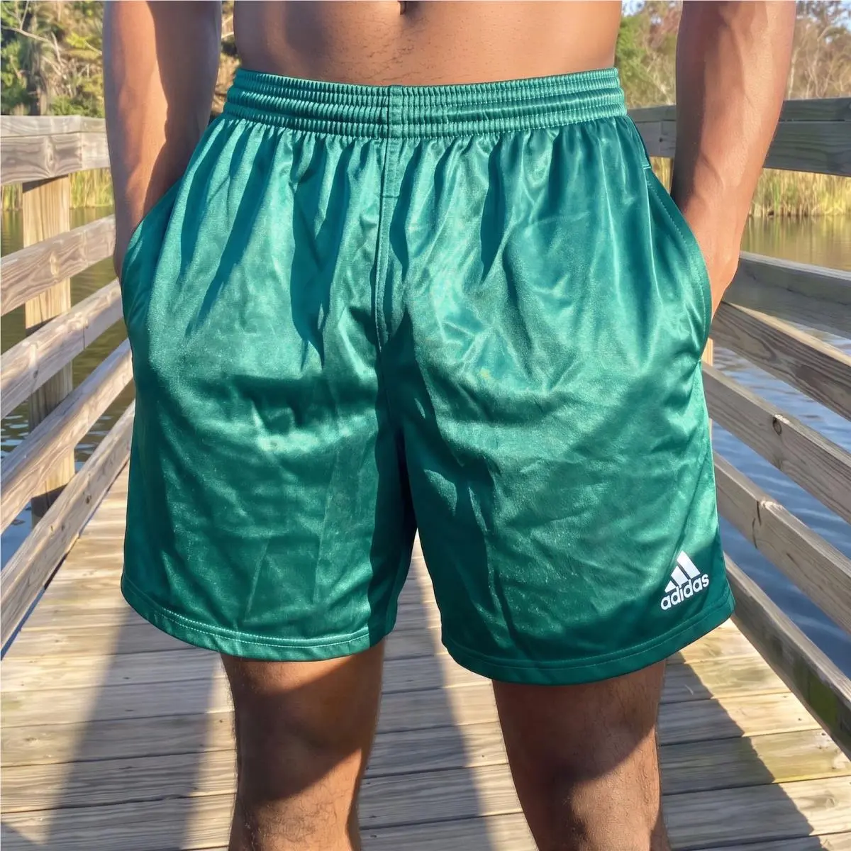 Vintage  Genoa Soccer Shorts Green Satin Shiny Mens Small S by Adidas