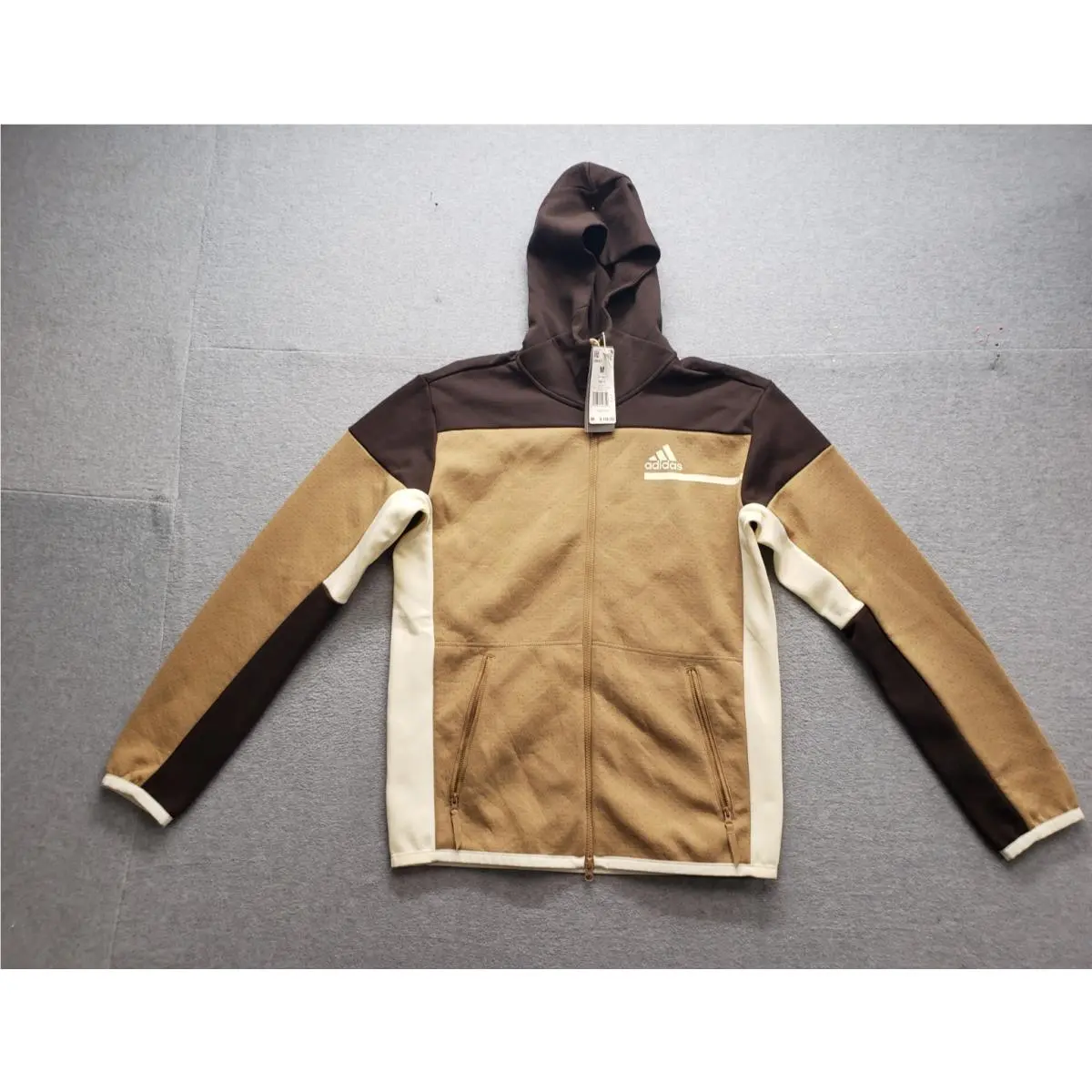 Men Sweatshirt M Brown Beige Colorblock Logo Full Zip Hooded Streetwear by Adidas