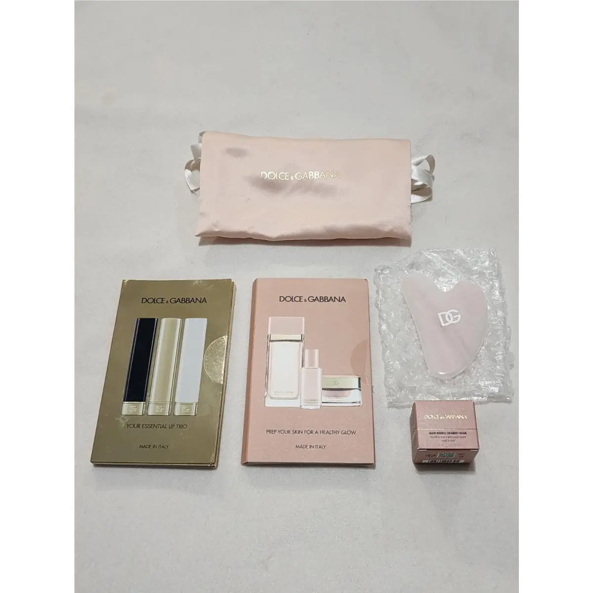 Dolce Gabbana Pink Satin Pouch + Rose Quartz Glow Cream Lip Trio Gift Set