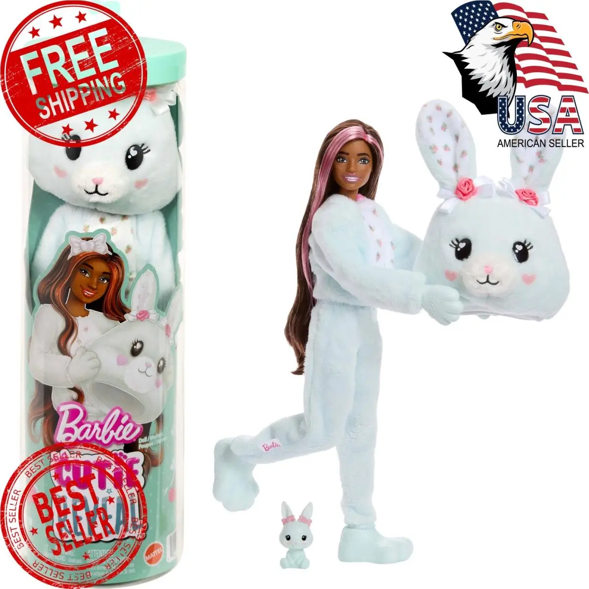 Barbie Cutie Reveal Doll and Accessories Cuddly Series Bunny with 10