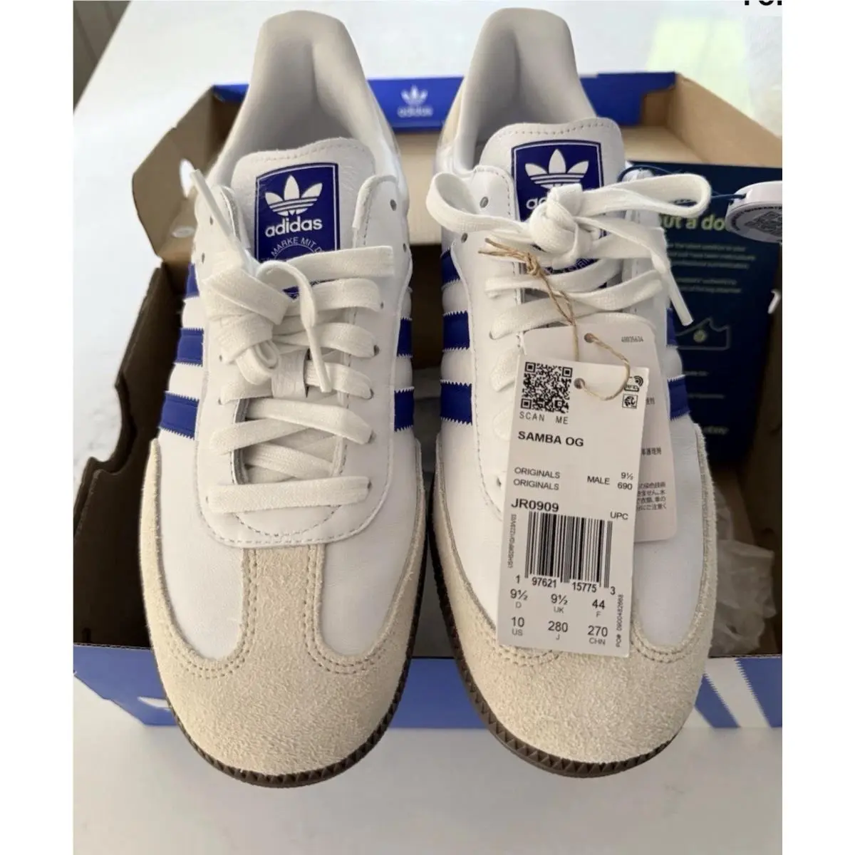 Adidas Samba OG White Lucid Blue Gum Leather Low Top Sneakers JR0909
