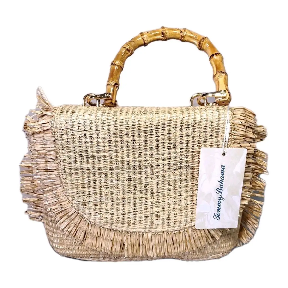 Tommy Bahama Gold Raffia Woven Straw Bamboo Handle W/chain Crossbody Handbag