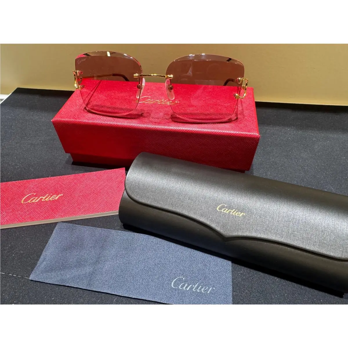 Cartier Signature C Rimless Square Sunglasses Gold Purple CT0007RS 001