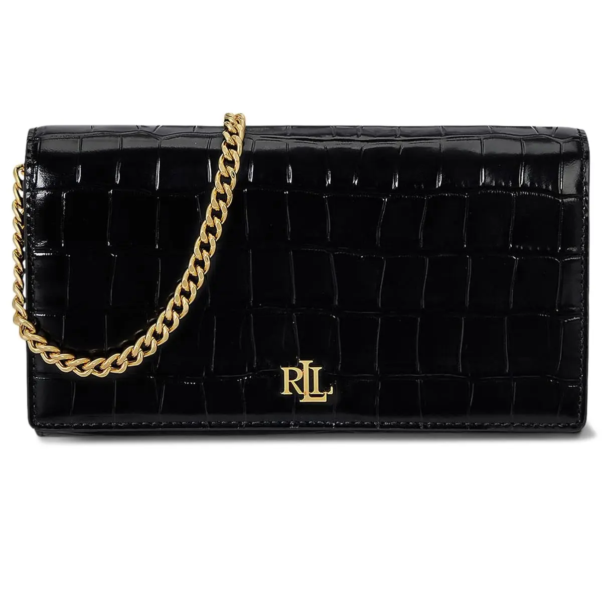 Woman`s Handbags Lauren Ralph Lauren Croc-embossed Medium Adair Ii Crossbody - Black, Exterior: Multicolor