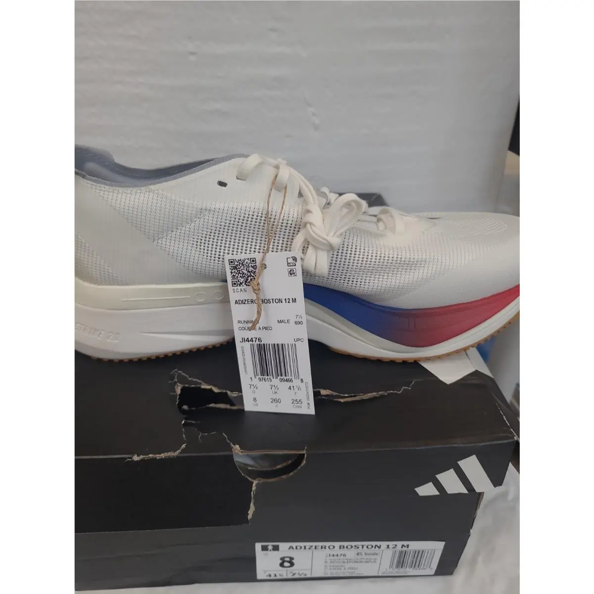 Size 8- Adidas Men’s Adizero Boston 12 Running Shoes White/blue/pur