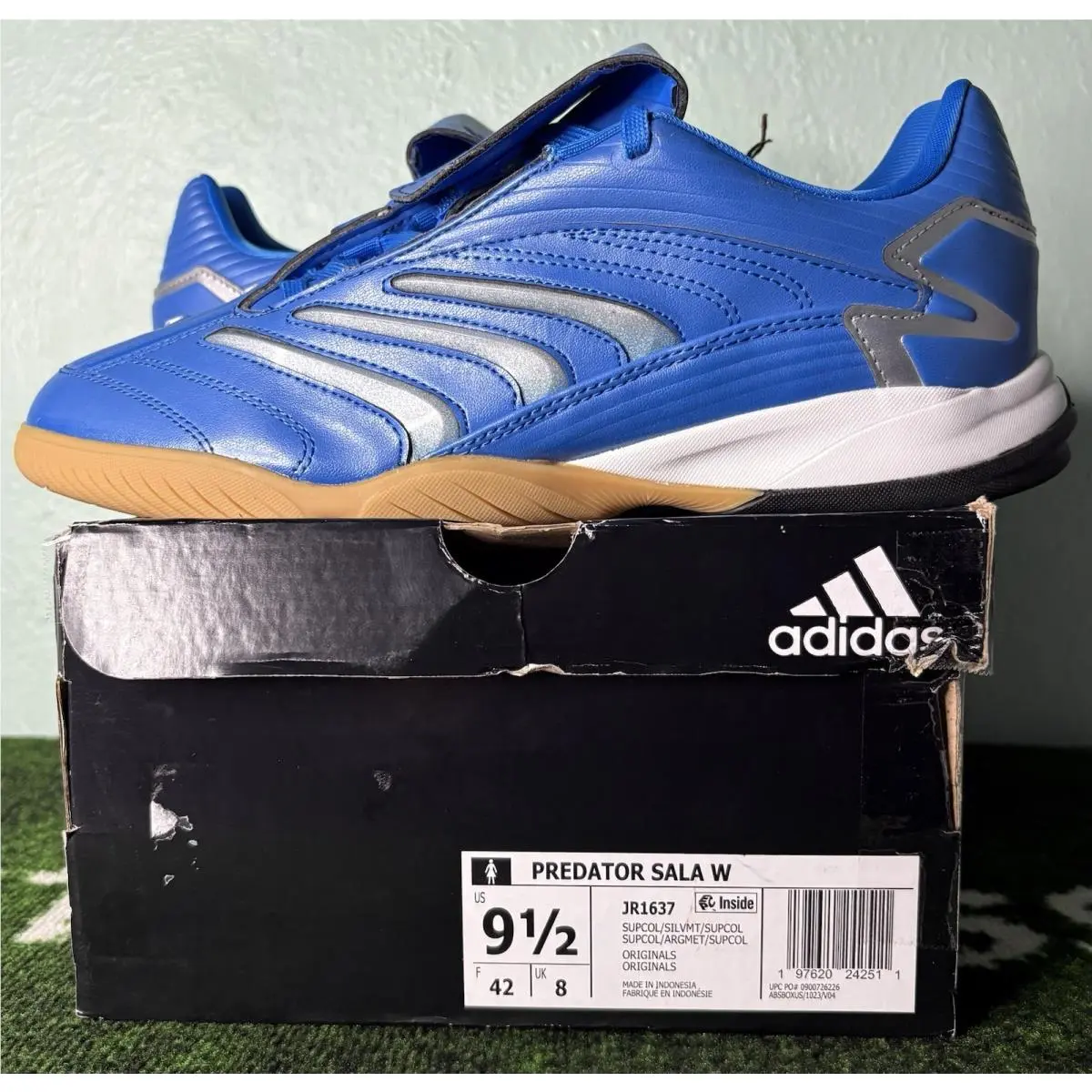 US W 9.5/M 8.5 -  Predator Sala Indoor Soccer Blue Silver Gum JR1637 by Adidas