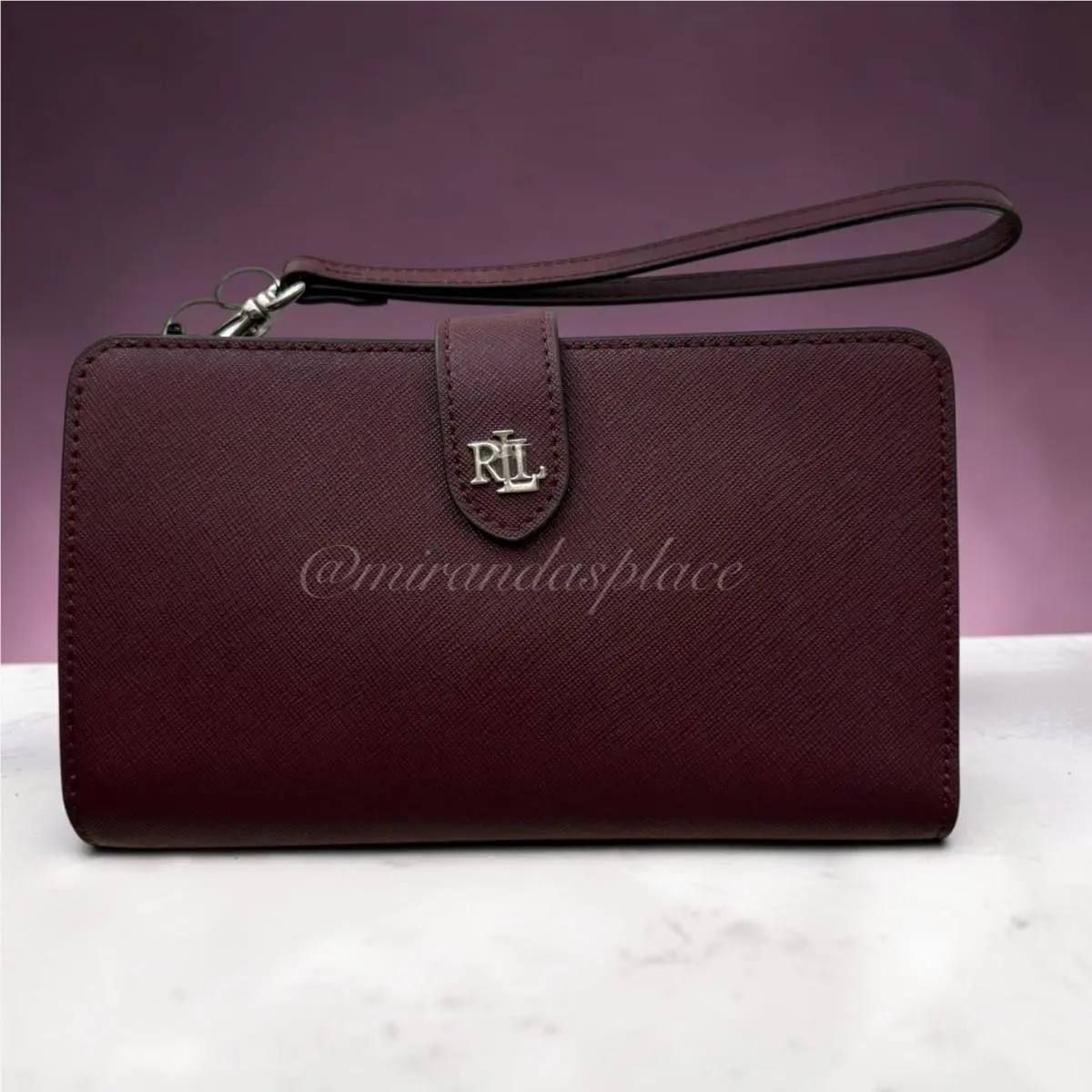 Lauren Ralph Lauren Crosshatch Dark Garnet Red Tech Wristlet Wallet