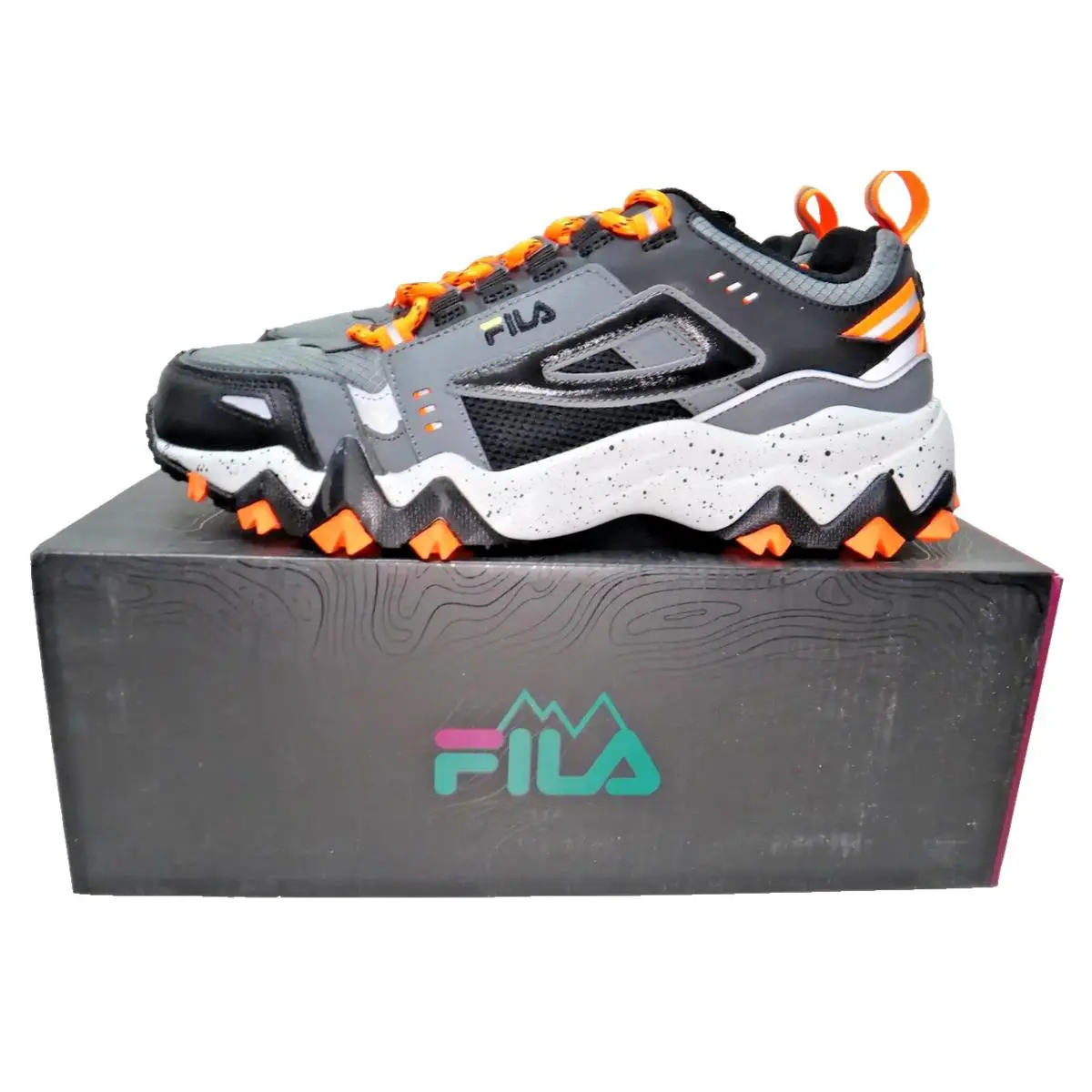 Fila Oakmont TR Mens 11.5 Trail Sneakers Black Gray Orange Chunky 1JMO1690054