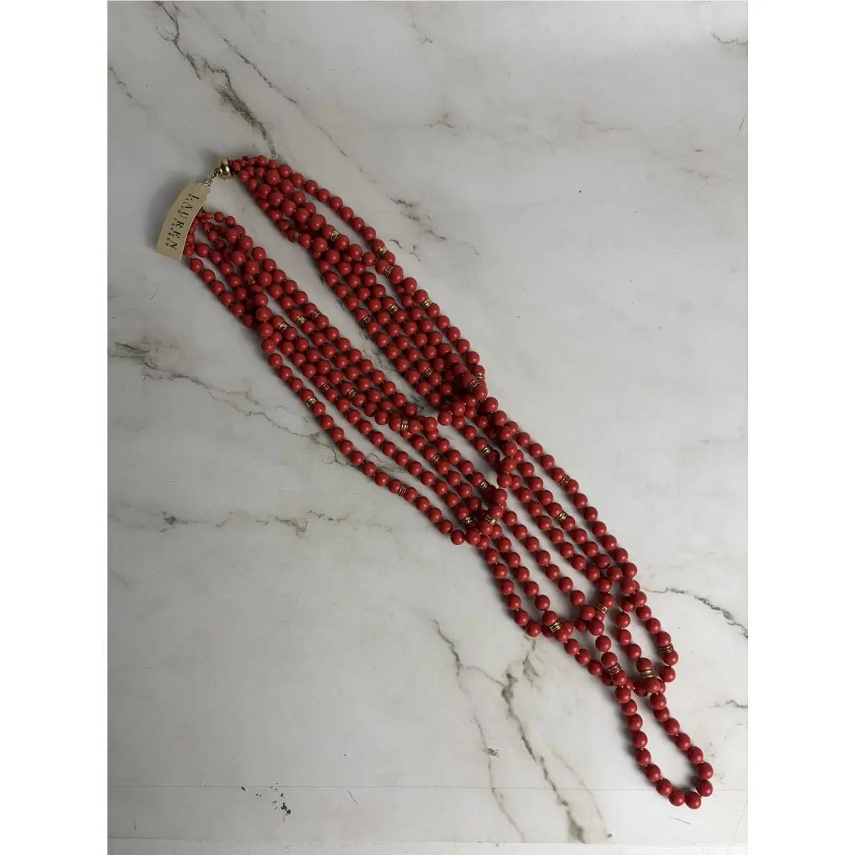 Ralph Lauren Necklace Red Beaded Multi Strand Gold Tone 17 In Statement
