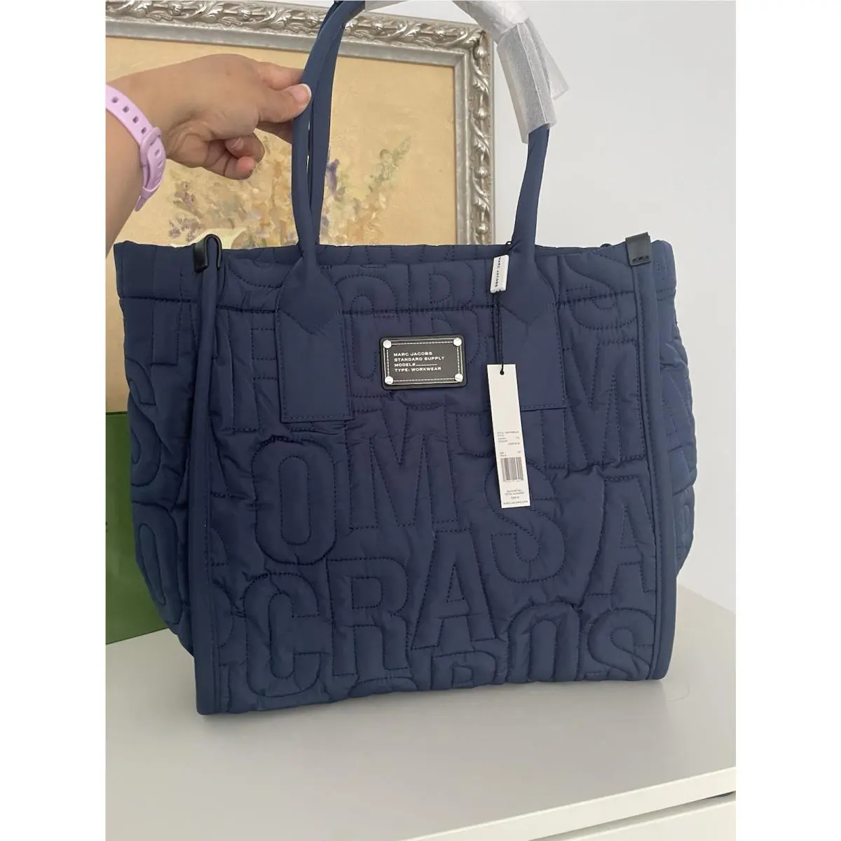 Marc Jacobs Nylon Large Logo Quilted Workwear Handbag Tote Azure Blue