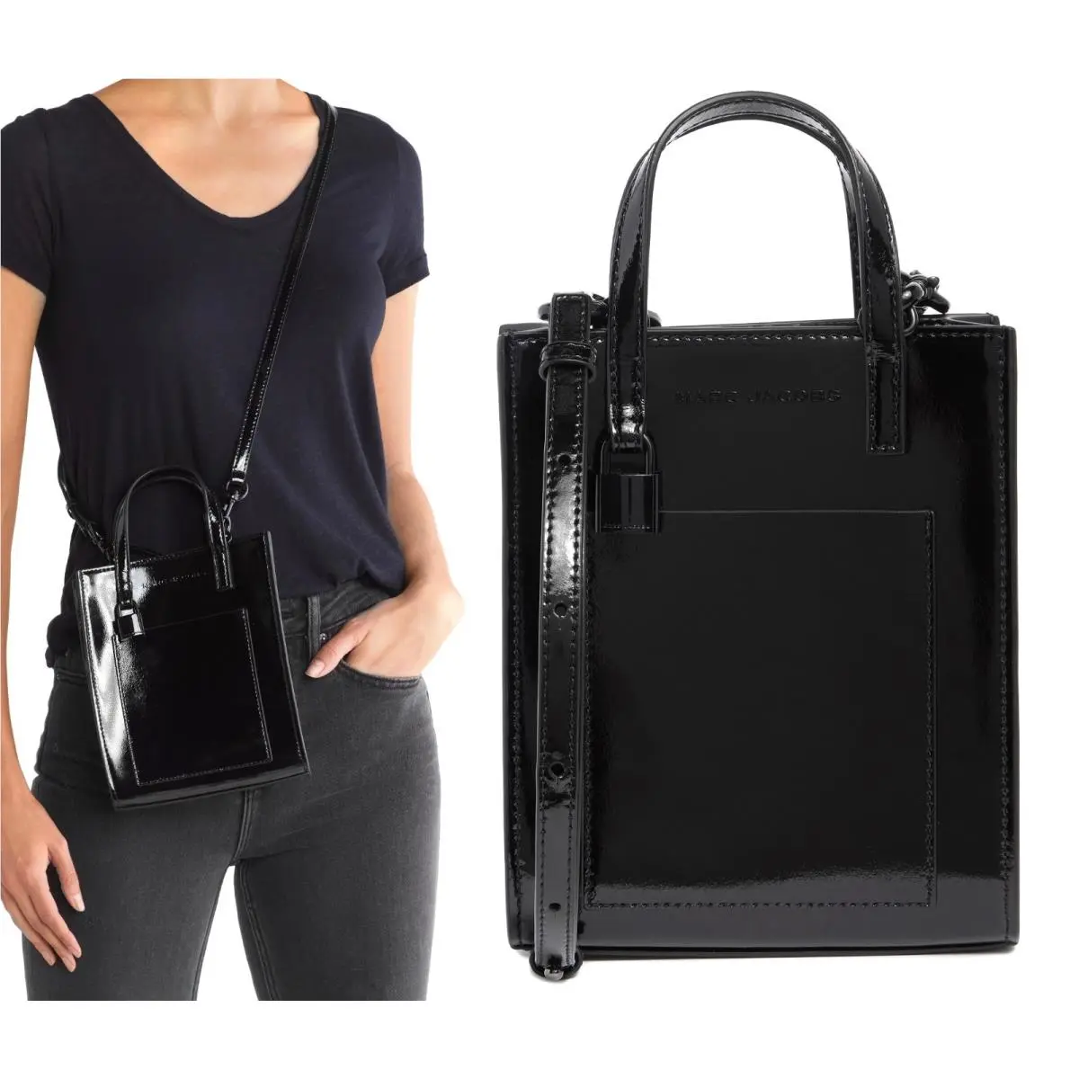 Women`s Patent Leather Micro Open Tote Shoulder Crossbody Bag Black by Marc Jacobs