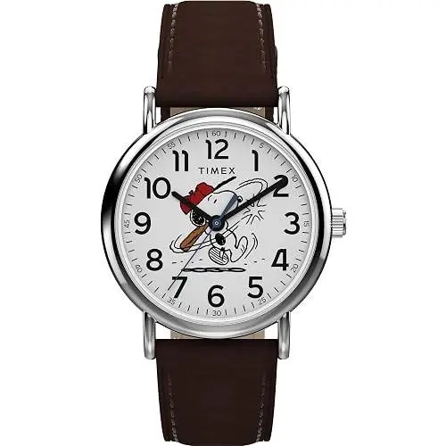 Men`s Peanuts Weekender Baseball 38mm Watch - Brown Two- Piece White Dial by Timex