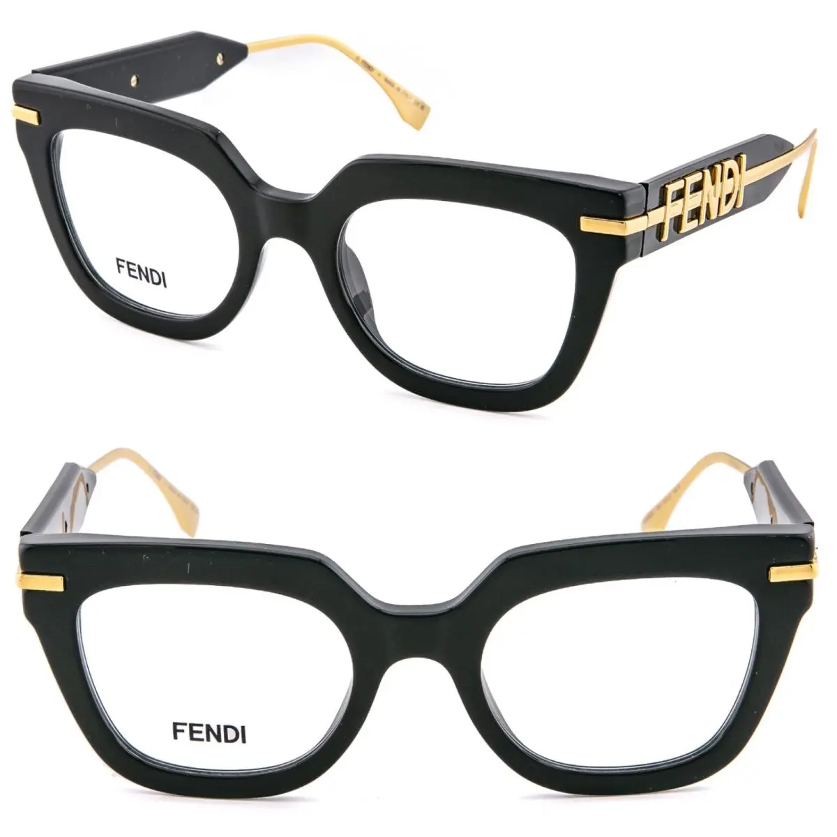 Fendi Fendigraphy Hobo Logo 50065 001 Black Gold Eyeglasses Frame 50mm FE50065I