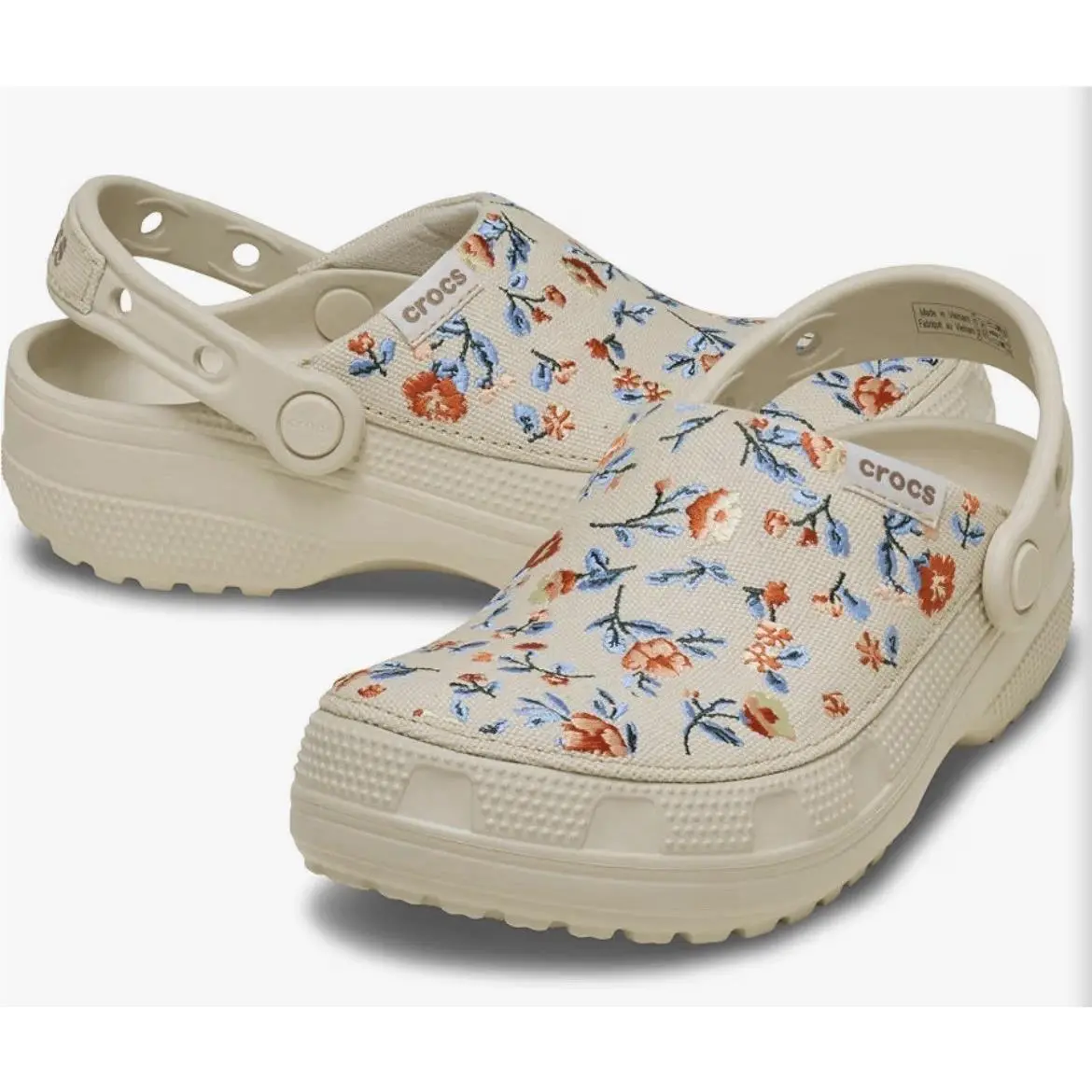 Crocs Classic Crafted Floral Clog Beige Canvas Slip On Size Women’s 10