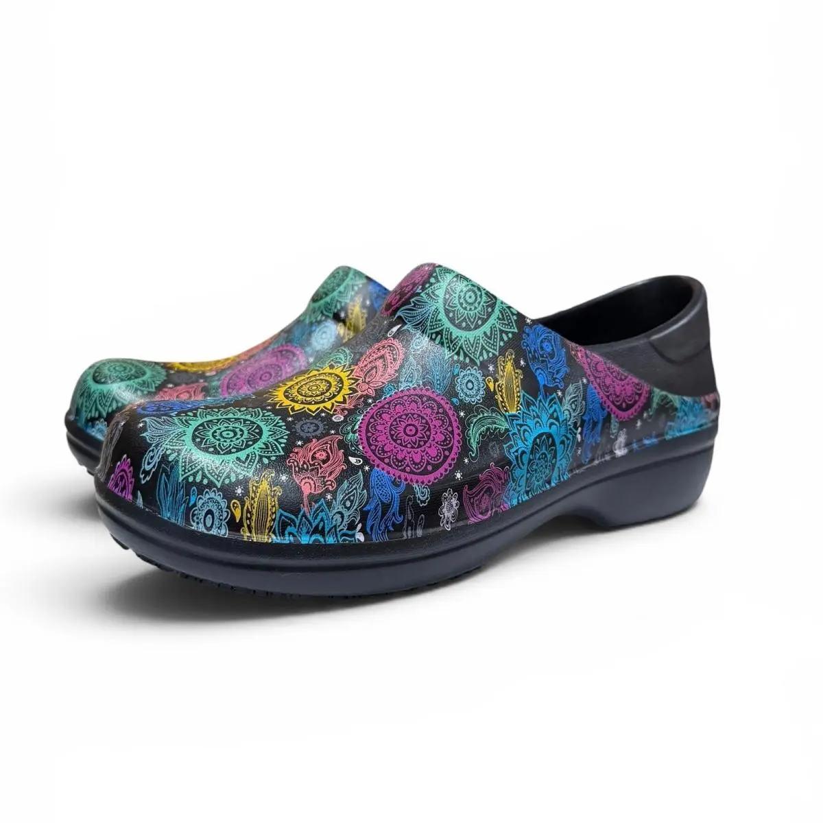Crocs Neria Pro II Women 10 Black Mandala Floral Slip Resistant Work Clog Shoe