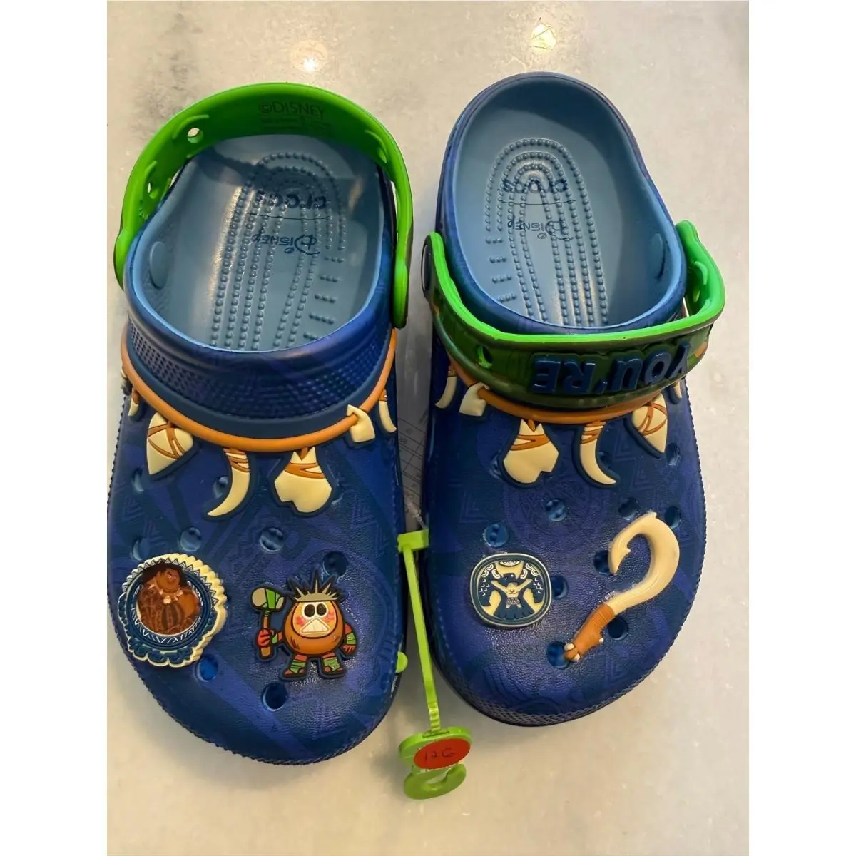 Crocs Moana Maui Clogs Kids Size J4 Blue Green You`re Welcome Disney Charms
