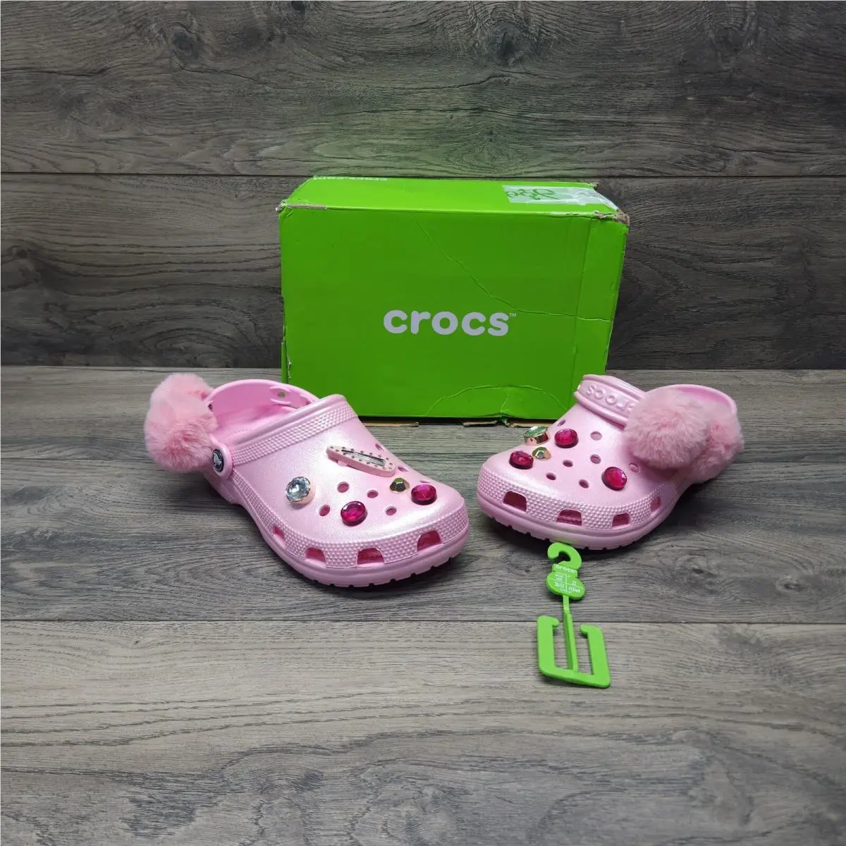 Crocs Classic Glitzy Glam Pom Pom Clog Pink Flamingo Women Size 6