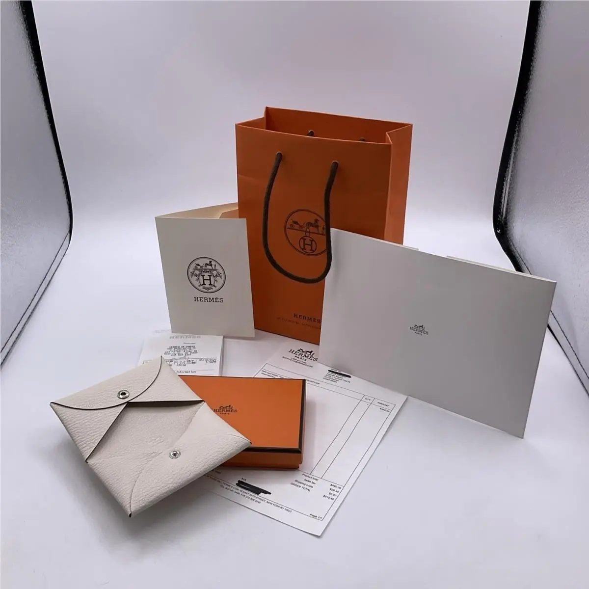 Hermès Calvi Leather Card Holder Coin Case + Bag + Receipt