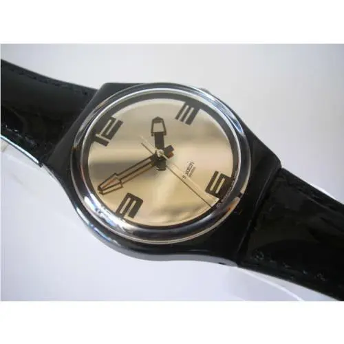 Varnishing Act Stunning  w Reflective Dial Black Leather Band-nib by Swatch