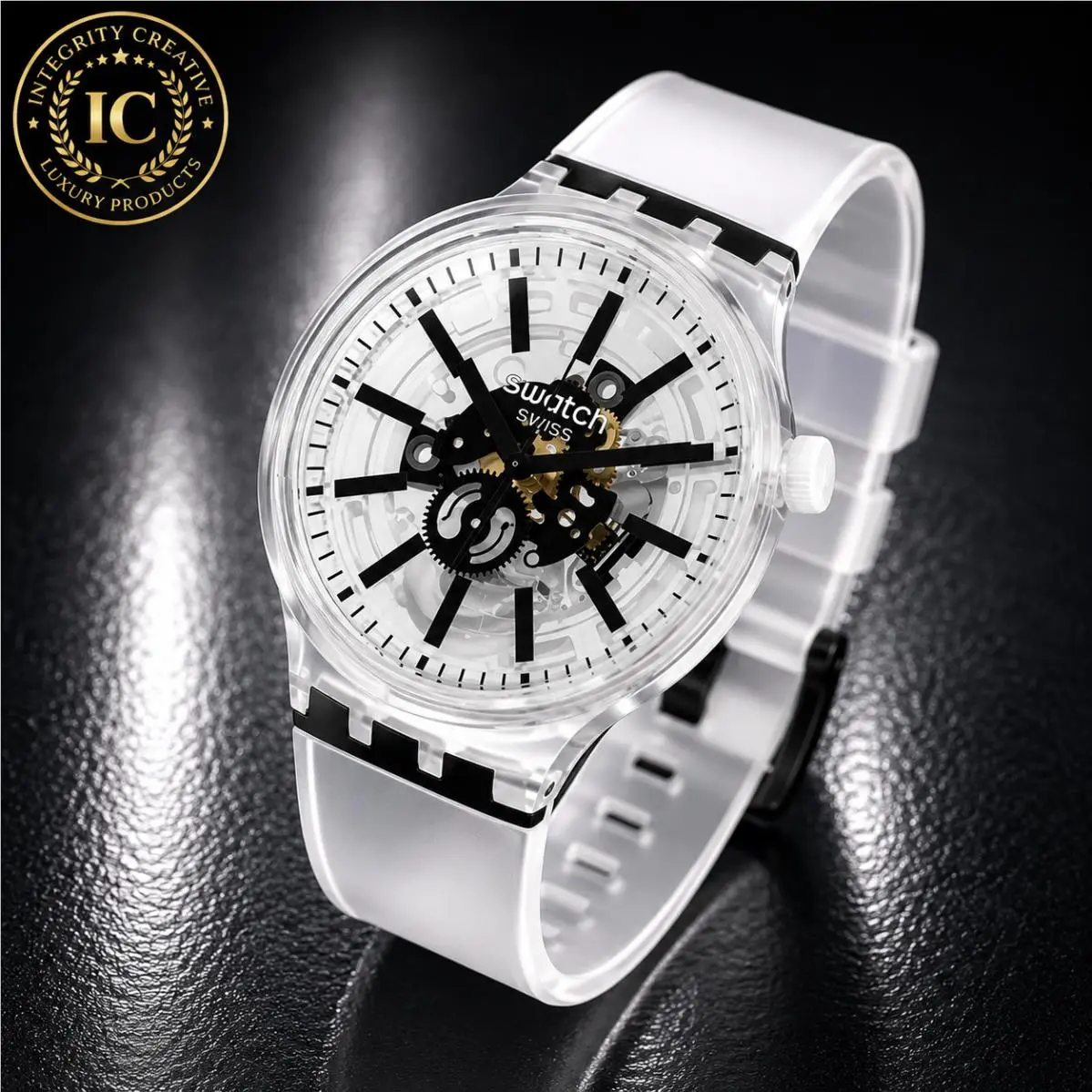 Swatch Men`s 47MM Watch Skeleton Quartz Black Clear Dial Silicone Strap Wrist