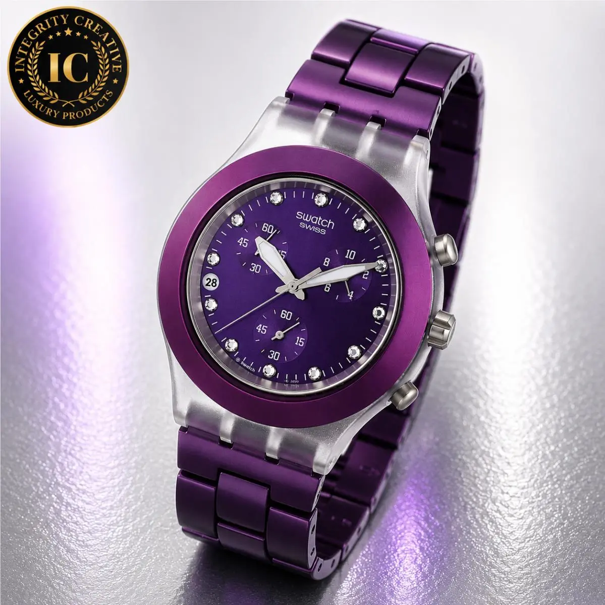 Unisex 43MM Watch Chrono Quartz Purple Dial Metal Bracelet Wristwatch by Swatch