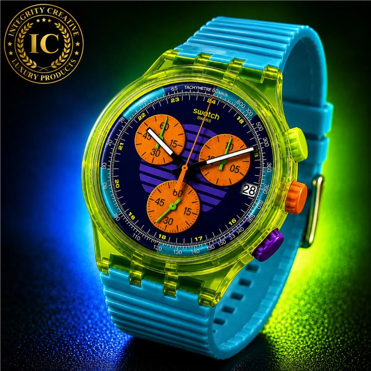 Neon Wave Analog Chronograph Quartz Unisex Watch SUSJ404 Orange Blue Dial by Swatch