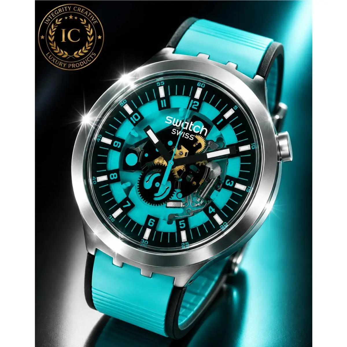 Unisex Oversized Watch Big Bold Irony Lacquered Blue Green Dial 47MM by Swatch