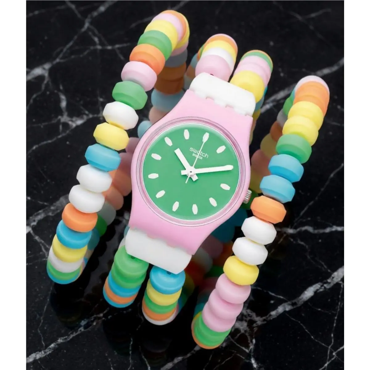 Women`s Swatch Bracelet Watch Polymer Quartz Caramellissima Dark Green Dial