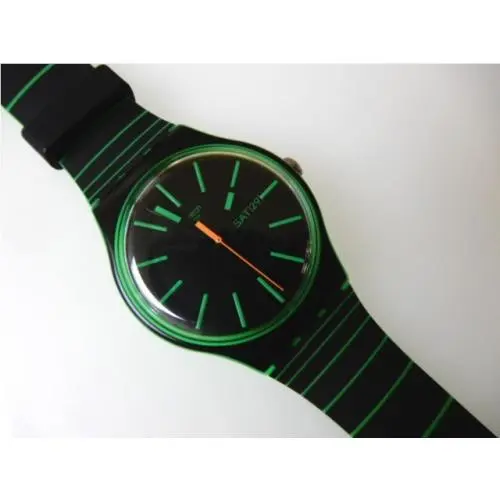 New Gents Glow This Way Black Green Stripe Gents  w Day/date Nib-rare by Swatch