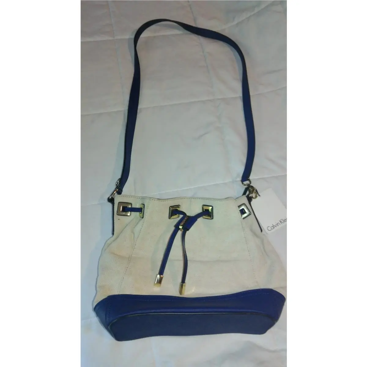 Canvas Bucket Style Crossbody Handbag Cream Navy by Calvin Klein