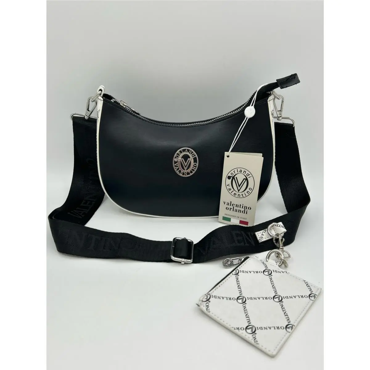 Orlandi 2PC Crossbody Purse Black White Women Vegan Leather by Valentino