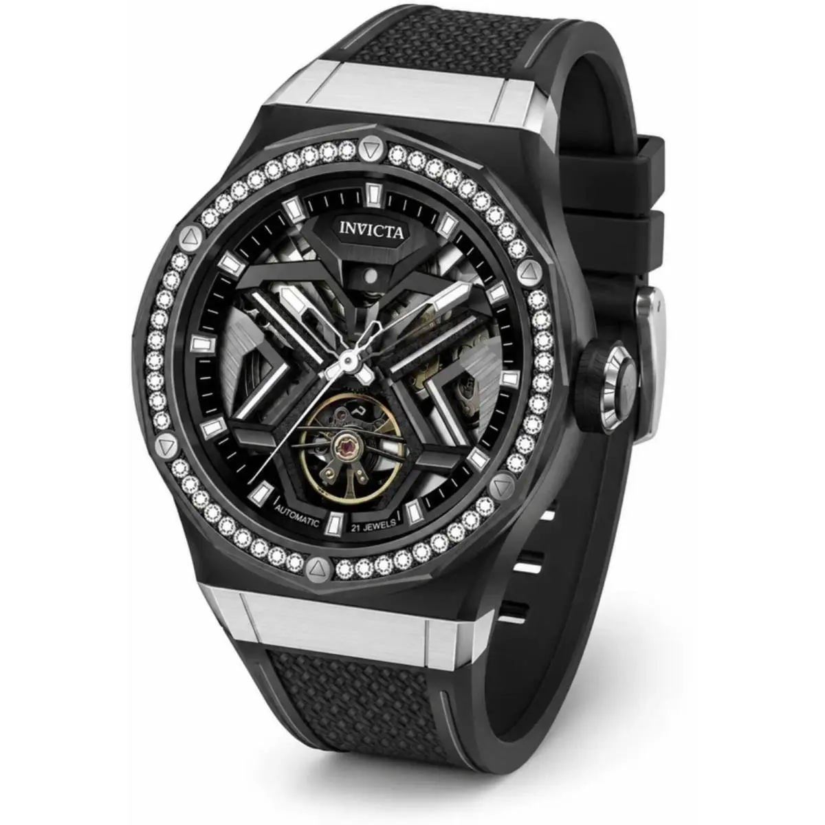 Invicta 70133 Objet D Art Men`s 45mm Black Rubber Diamond Watch