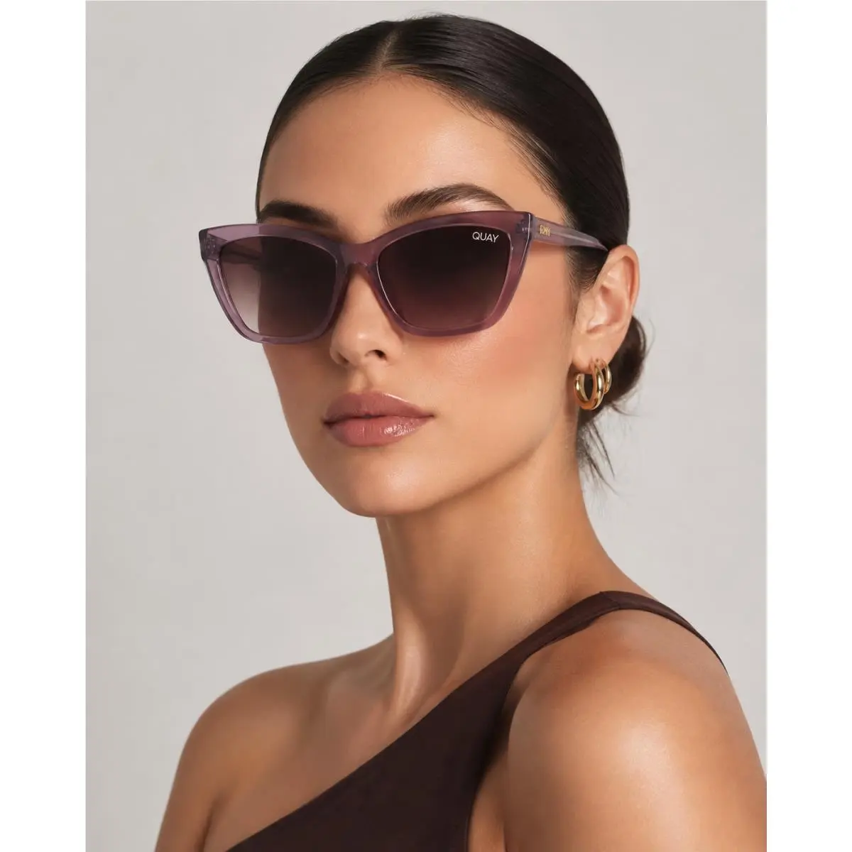 Quay Call The Shots Sunglasses Mauve Pink Brown Gradient Cat Eye Logo