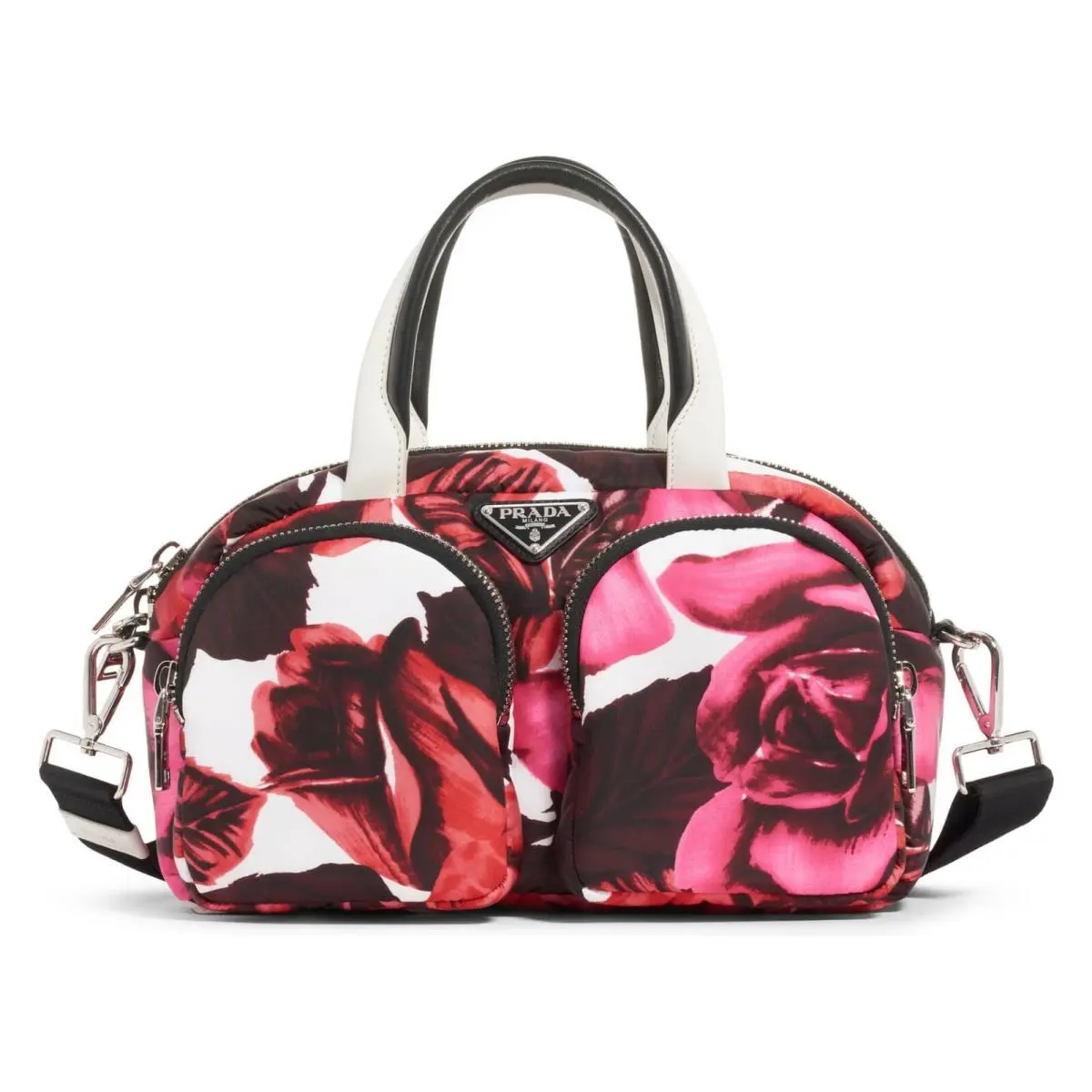 Prada Rose Nylon Handbag Tote Bag Zip Flowers Pockets Red Pink Black Purse